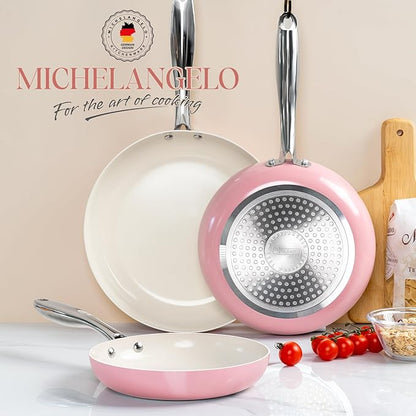 MICHELANGELO Non Stick Frying Pans Set - Ceramic Frying Pans Nonstick, 8'', 9.5'' & 11'' Nonstick Frying Pan Set, Non-Toxic, Ceramic-Coated, Pink