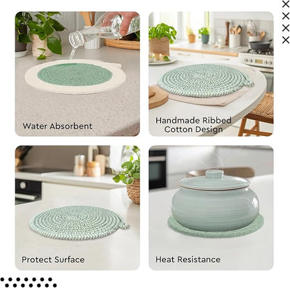 Encasa XO Round Trivet Mats for Hot Dishes with Hanging Loop | Sage Combo - Set of 6 with 7 inch Diameter | Cotton Round Thick Heat Resistant Pot Holders | Use Hot Pads Plate Mats for Hot Pots & Pans