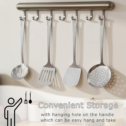 4pcs Cooking Utensils Set - Stainless Steel Kitchen Utensils, Heavy Duty Metal Kitchen Tools with Stainless Steel Spatula Solid & Slotted Turner, Ladle, Skimmer, Dishwasher Safe Easy to Clean