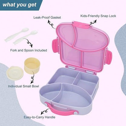 Bento Box for Kids School Lunch Box with Utensils and a Dipping Bowl, Leak-Proof 4 Compartments with Carrying Handle, BPA-Free Bento Box for Girls and Boys in School, Preschool, Daycare (Purple)