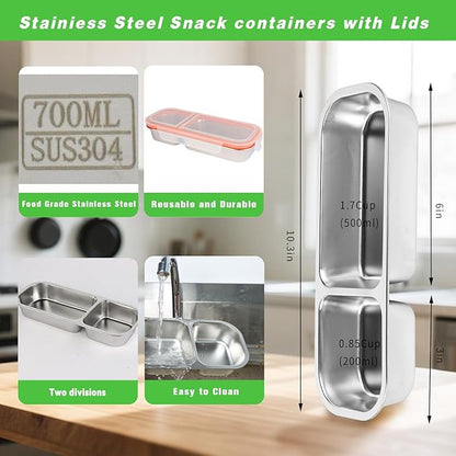Stainless Steel Snackle Container For Adults, Reusable Bento Lunch Box Snack Containers, 2 Compartment Divided Food For Home Work Travel