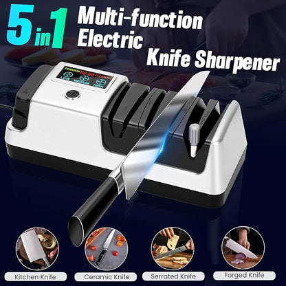 Upgrade 5 in 1 Electric Knife Sharpener with LCD Screen, 3 Rotational Speed Adjustable, 100% Diamond Abrasives, knife sharpener for Straight, Serrated, Meat Cleaver, Ceramic Knives & Scissors, Sliver