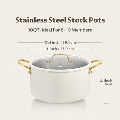 BEZIA 10 Quart Stainless Steel Stock Pot, Large Soup Pot, Casserole with Lid, Stockpot with Visible Lid, Silicone Edging, Sturdy & Double Handle, Induction Cooking Pot for Pasta, Soup, Spaghetti