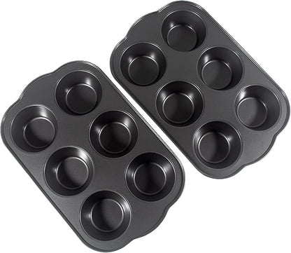 Non-Stick Jumbo Muffin Pans, 3.5" 6-Cup Set of 2 Baking Pans, Heavy Duty Carbon Steel Tins for Extra-large Muffins & Cupcakes