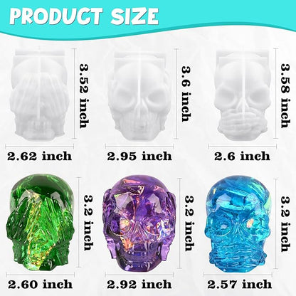 Actvty Skull Resin Molds, 3 Pieces Hear-no, Speak-no, See-no Evil Skull Silicone Molds for Resin Casting, 3D Skull Epoxy Molds for DIY Resin Crafts, Halloween Home Decor, translucent