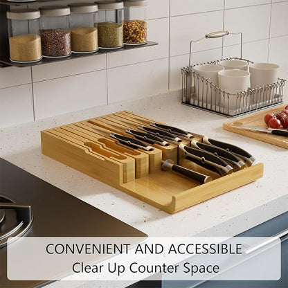 Domax Bamboo In-drawer Knife Block - Knife Drawer Organizer Insert Large Handle Steak Knife Holder, Kitchen Drawer Knife Organizer Fits for 12 knives and 1 Sharpening Steel (Not Included)