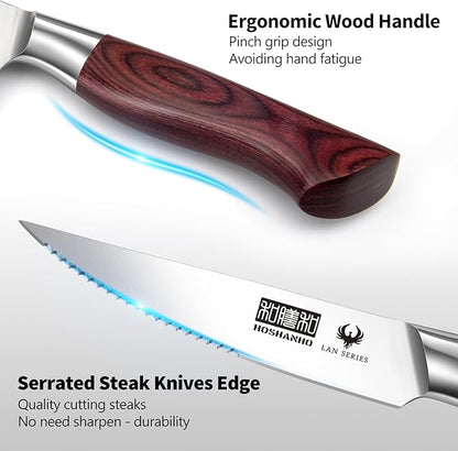 HOSHANHO Steak Knife Set 8 Pieces, 4.5 Inch Super Sharp High Carbon Stainless Steel Steak Knife Set, Professional Premium Serrated Precise Cutting with Ergonomic Wood Handle