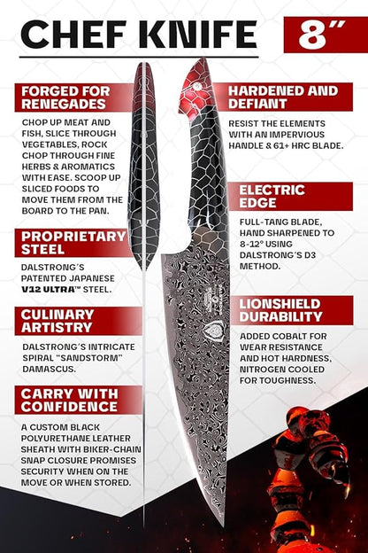 Dalstrong 8 in Chef Knife - Scorpion Series - Exclusive Japanese V12 Ultra™ Steel - Black Damascus - Black & Red Honeycomb Resin Handle - w/ 8 inch chef knife sheath