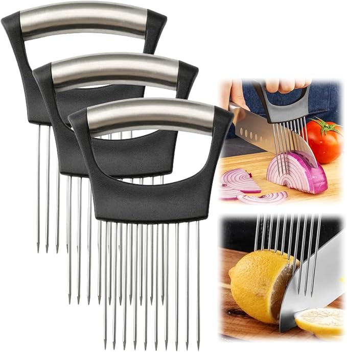 Onion Slice Holder, 2024 New Stainless Steel Holder for Slicing, Chopper Assistant Tool, Cutter for Meat, Onion, Potato, Tomato - Kitchen Gadgets (Black, 3 Pack)