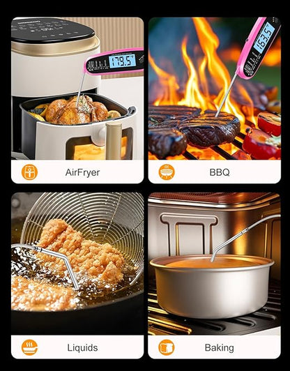 Instant Read Meat Thermometer Digital for Cooking & Grilling with Dual Probe, Big Backlit Screen & Auto-Calibration, Food Thermometer for Grill, Smoker, BBQ, Oven, Candy, Oil Fry - Pink