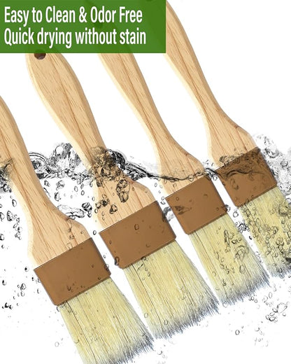 Natural Bristle Basting & Pastry Brush Set - 1.5"& 1" Food Grade Cooking Brushes, Not Shedding, for Turkey Basting, Butter, Egg Wash, Baking (4 Pc)