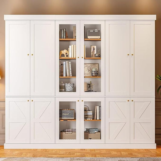70.8" Tall Farmhouse Kitchen Pantry Cabinet with Glass Doors, Modular Wooden Storage Cabinet with 6-Tier Adjustable Shelves, Hutch for Kitchen or Living Room, Set of 3, White