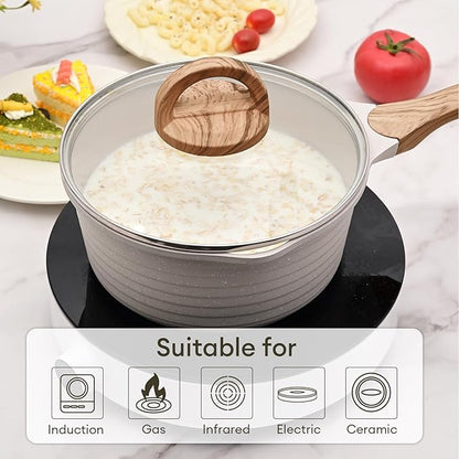 JEETEE 1.5 Quart Saucepan with Lid Nonstick Stone Coating Sauce Pan Milk Pan for Cooking Inudction Pot(Beige)