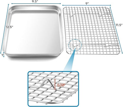 TeamFar Baking Tray with Rack, 12.5 x 10 x 1 Inch Stainless Steel Toaster Oven Baking Pan with Grid Rack for Baking Roasting Cooling, Healthy & Heavy-Duty, Oven & Dishwasher Safe, 2pcs
