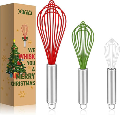 Christmas Whisk Set – 3 Sizes (12”, 10”, 8”) – Holiday Red, Green & White Stainless Steel Whisks for Baking, Cooking & Mixing, Christmas Gift for Bakers & Home Chefs
