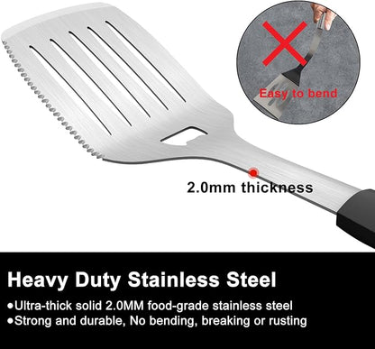 15.8'' Stainless Steel Grill Spatula for Outdoor Grill, 3-in-1 Metal BBQ Spatula Turner with Full Tang Silicone Handle and Serrated Edge, Heavy Duty Barbecue Tools Spatula for Grilling Cooking