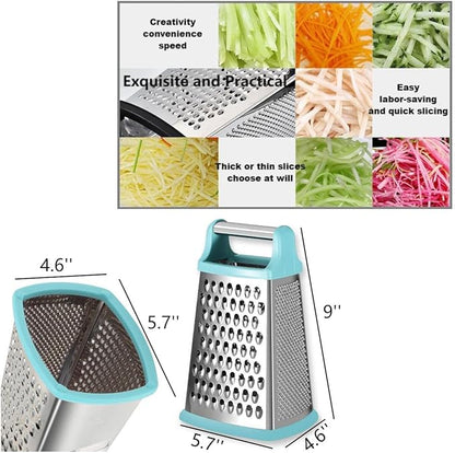 Stainless Steel 4 Sides Grater Slicer with Handle, Multifunctional Cutter Planing for Ginger, Garlic, Cucumbers, Carrots, Cheese, Potato, Ergonomic Design Kitchen Gadgets Accessories（Mint）