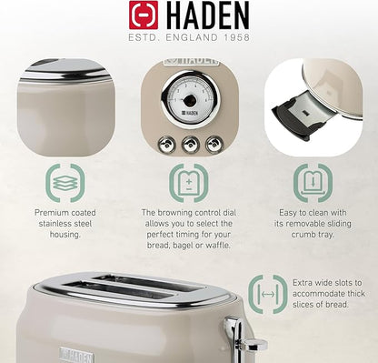 Haden Dorset 2 Slice Wide Slot Stainless Steel Toaster with Adjustable Browning Control & Non-Slip Feet, Putty & Chrome
