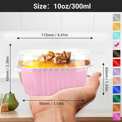 EUSOAR Cupcake Liner, 50pcs 10oz Pink Foil Mini Flan with Lids, Loaf Pans Aluminium Tins for Baking, Disposable Creme Brulee Cups Dessert Containers for Pie Souffle, Cake Holder for Party Serving
