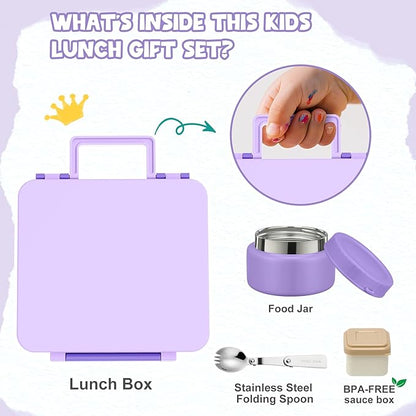 Bento Lunch Box for Kids with 9oz Soup Thermo Leak-Proof Lunch Food Container with 5 Compartment Thermo Hot Food Jar and Insulated Lunch Bag for Kid Toddler Girls Boys to School(Purple)
