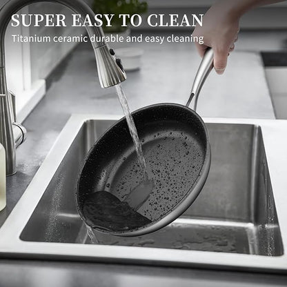 Stainless Steel Frying Pan Set with Lids, 6 Pieces Titanium Ceramic Frying Pans Nonstick W/Lid, Non Stick Egg Omelet Cooking Pan Set with Stay-Cool Handle, Induction Compatible, PFAS&PFTE Free