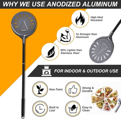 Turning Pizza Peel, 8 Inch with 25 Inch Handle Round Pizza Turning Peel, Professional Anodized Aluminum Turning Pizza Spatula, 33 Inch overall