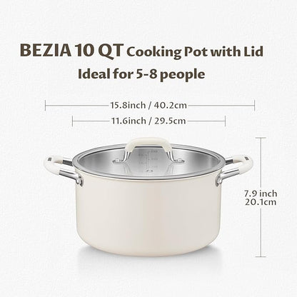 10 Quart Tri-Ply Stainless Steel Stock Pots with Lid, BEZIA Induction Soup Pot with Lid, Large Kitchen Cooking Pots with Silicone Handle, Compatible with All Cooktops, Free of PTFE/PFOA/PFOS