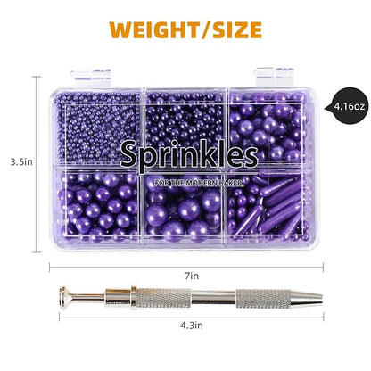 Kasvan Purple Mix Sugar Sprinkles - Edible Candy Pearls with 4-Claw Sprinkle Pen,118g/4.16 Oz, Gift Box Pack, Baking Cake Decorations, Ice Cream Toppings and Cookie Decorating (Purple)