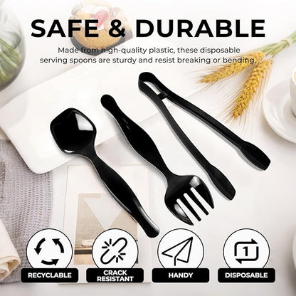 18 Count Plastic Serving Utensils Set, Disposable Serving Utensils for Catering Party Events, Including Black Plastic Spoons, Tongs and Forks (Black, 18pcs utensils)