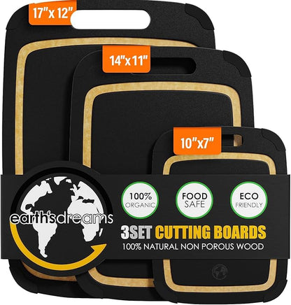 Earth’s Dreams Wood Cutting Board Set 3-Piece: Small, Large & Extra Large - Charcuterie Board, Non-Plastic, Non-Toxic, Heavy-Duty, Dishwasher Safe (Black/Tan)