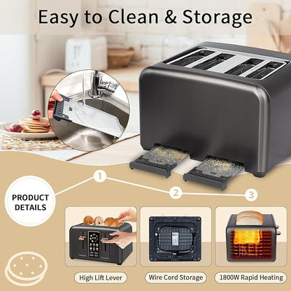 SEEDEEM Toaster 4 Slice, Full Touch control Toaster, LCD Display, 6 Bread Type, 7 Shade Settings, 1.4''Wide Slots，More Time Function, Removable Crumb Tray, 1800W, Dark Metallic