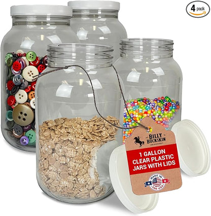 1 Gallon Large Plastic Jars with Lids (4 Pack) - Food Safe & Air Tight - Large Clear Plastic Jars with Lids - Wide Mouth Food Storage Containers - Kitchen & Pantry Organization by Billy Buckskin