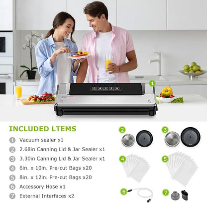 Bonsenkitchen Vacuum Sealer Machine with Mason Jar Sealer Kit | Compact Food Sealer for Kitchen Storage & Meal Prep | Multiple Modes | External Vacuum System & 40 Vacuum Bags, Silver