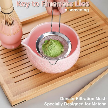 Pink Matcha Set - 5 Pcs Matcha Tea Set Includes Matcha Bowl with Spout, Bamboo Scoop, Sifter, Whisk and Holder, Matcha Whisk Set Pink Christmas Birthday Gift