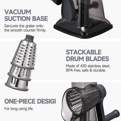 Rotary Cheese Grater with Handle Kitchen Shredder Slicer Grater Slicer Ice Shaver Cheese Vegetable Nuts Potato Zucchini Chocolate 3 Interchangeable Blades (Grey TSP)