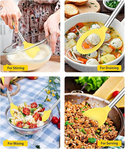 Pack of 2 Large Silicone Cooking Spoons,Non Stick Solid Basting Spoon,Heat-Resistant Kitchen Utensils for Mixing,Serving,Draining,Stirring (YELLOW)
