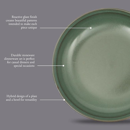 Gibson Elite Beckett 4-Piece 9 Inch Dinner Plate Bowl Set – Reactive Glaze Stoneware – Shallow Serving Pasta Bowls (Blate) – Wide-Rim Round Shape – Microwave & Dishwasher Safe - Green