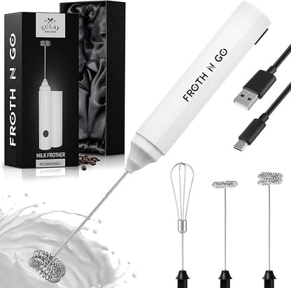 Zulay Kitchen FrothMate Powerful Milk Frother Portable & Compact Handheld Foam Maker Lattes, Cappuccinos (Blizzard White, Froth N Go)