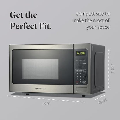 Farberware 0.9 Cu. Ft. Countertop Microwave Oven – 900 Watts Power, Auto Cook Settings, Defrost, Easy Clean and Child Safety Lock-Stainless, Stainless Steel