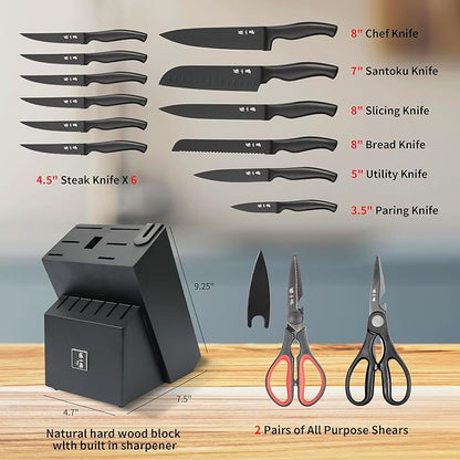 ZHANG XIAO QUAN SINCE 1628 15Pcs Knife Sets with Block, knife sets for kitchen with block High Carbon Stainless Steel Built-in Sharpener(Black)