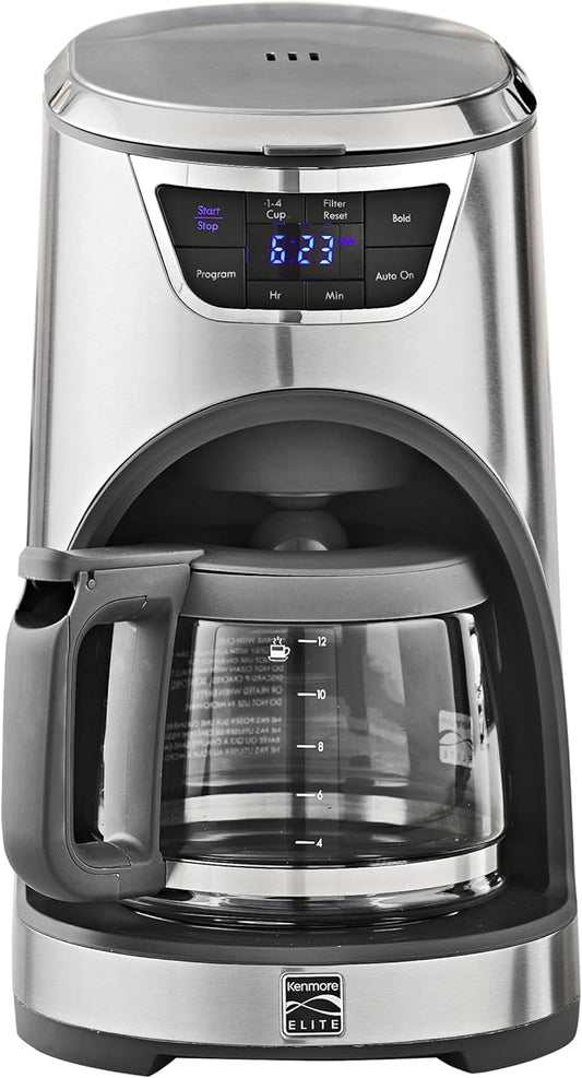 Kenmore Elite Drip Coffee Maker - 12-Cup Programmable Coffee Machine With Glass Pot, Pause and Pour, Auto Shut-Off, Large Water Reservoir, Reusable Filter, Dishwasher Safe Carafe, Percoladora de Café
