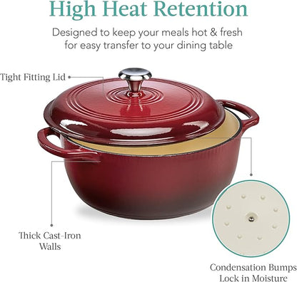 Best Choice Products 6 Quart Enamel Cast-Iron Round Dutch Oven, Family Style Heavy-Duty Pre-Seasoned Cookware for Home, Kitchen, Dining Room, Oven Safe w/Lid, Dual Handles - Red