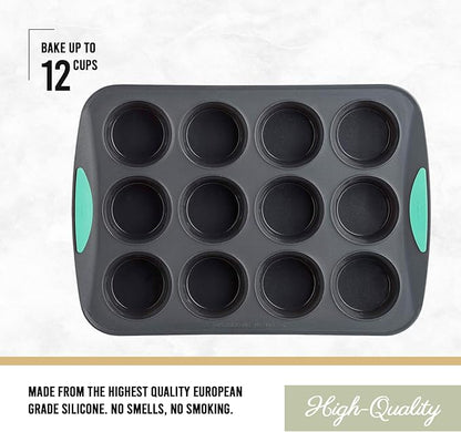 Trudeau Structure Silicone Muffin Pan – 12 Cup, Flexible Silicone with Hard Lining to Hold Shape, Non-Stick, BPA-Free, Dishwasher Safe, Heat Resistant to 428°F – Grey/Mint