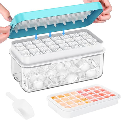 Ice Cube Tray with Lid and Bin, 32 pcs Ice Cubes Molds, Ice Trays for Freezer, Ice Cube Tray Mold, with 1 tray, Ice Freezer Container, Spill-Resistant Removable Lid & Ice Scoop, for Whiskey,Cocktail
