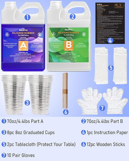 Nicpro 140oz Silicone Mold Making Kit, 30A Platinum Liquid Silicone Rubber, Flexible Silicone Molds Maker Mix Ratio 1:1 for Casting 3D Resins Molds DIY with Gloves, Sticks, Mixing Cups