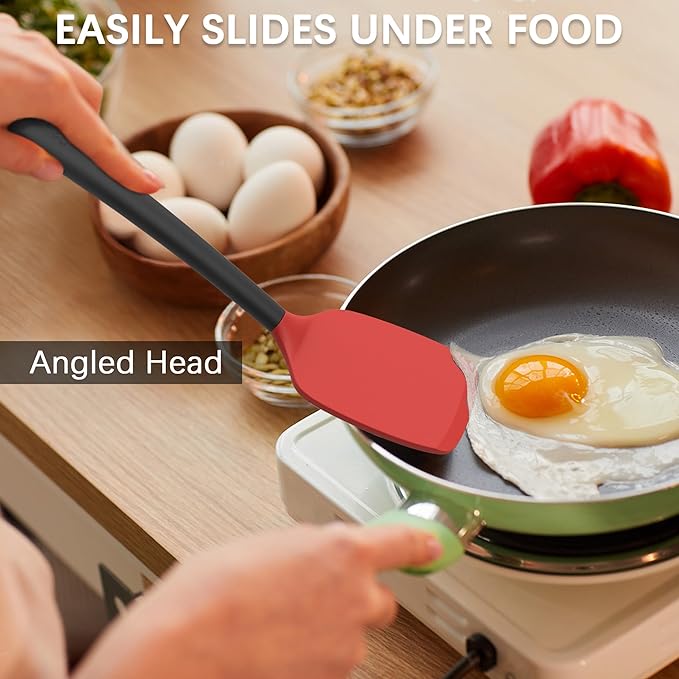 Coukre Silicone Spatula Set of 3, High Heat Resistant, BPA-Free, Kitchen Utensils, Fish Spatula, Solid & Slotted Turner for Non-Stick Pans, Flipping Eggs, Pancakes, Fish, Burgers (3, Red)