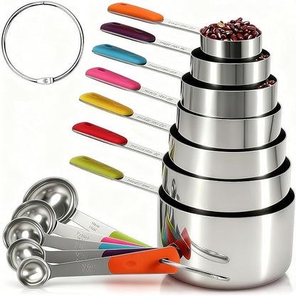 Measuring Cups and Spoons Set, Stainless Steel 12 Piece for Cooking and Baking (7 Cups + 5 Spoons, Colorful Handles)