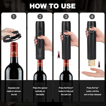 Electric Wine Opener Set with Charging Base, Rechargeable Automatic Corkscrew Bottle Opener with Pour, Preserver Vacuum Stopper, Foil Cutter, USB Charging Cable