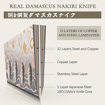 SHAN ZU Damascus Nakiri Knife 7 Inch, Japanese Kitchen Knives Copper & Damascus Steel High Carbon 33 Layer Hand Forged, Ultra Sharp Chef Knife Carving Knife with Maple Wood Handle