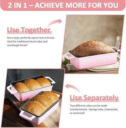2-in-1 Cast Iron Bread Pan with Lid, Leonyo Enameled Cast Iron Loaf Pan, 9 x 6 inch Sourdough Baking Pan, Homemade Bread Dutch Oven for Pound Cake, Lasagna, Up to 500℉ & Pink